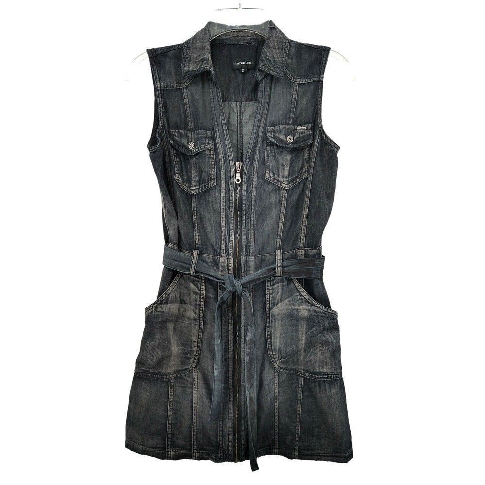 RANBEERI Black Cotton Acid Wash Zip Front Dress - Small
